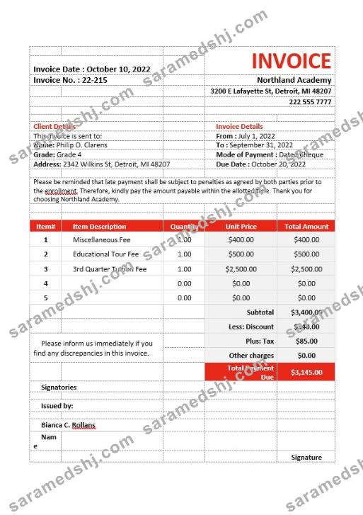 School Fees Invoice Template